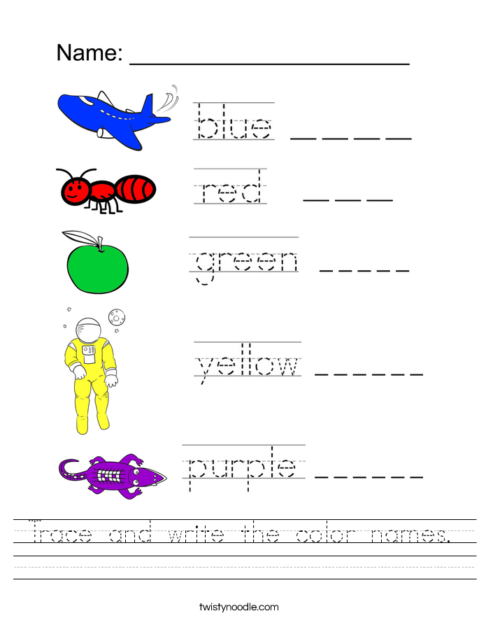 Trace and write the color names Worksheet Twisty Noodle