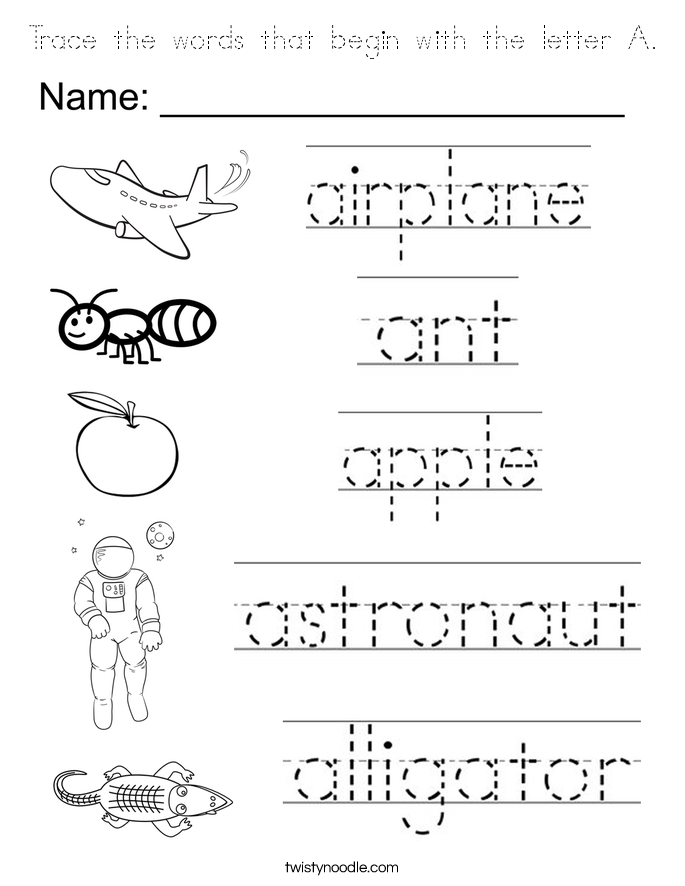 Trace the words that begin with the letter A. Coloring Page