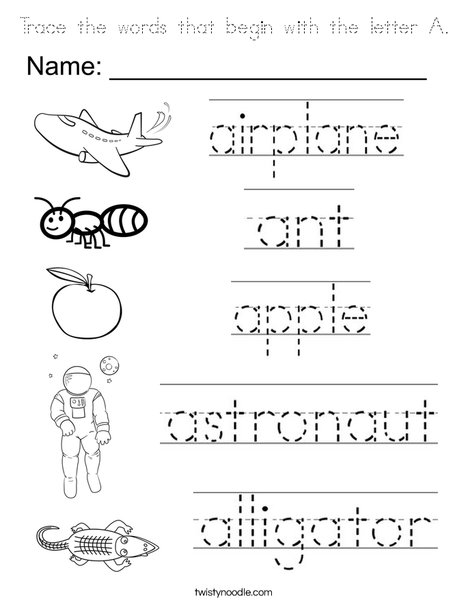 Trace the A words Coloring Page