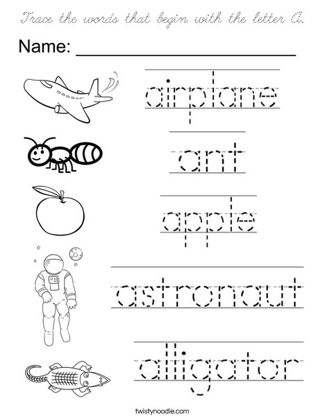 Trace the A words Coloring Page