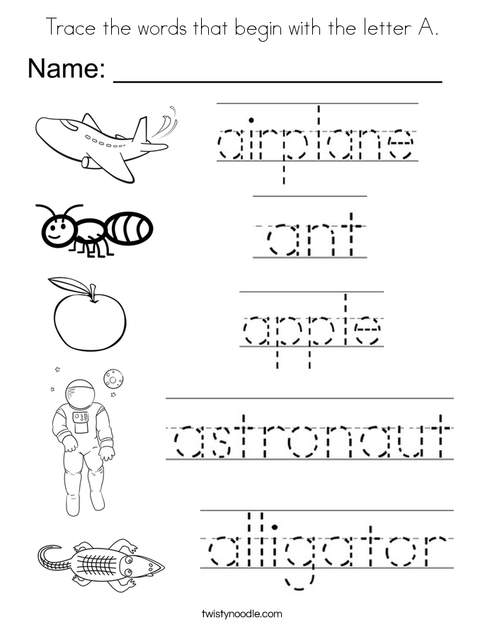 Trace the words that begin with the letter A. Coloring Page