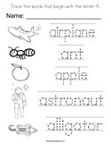 Trace the words that begin with the letter A Coloring Page