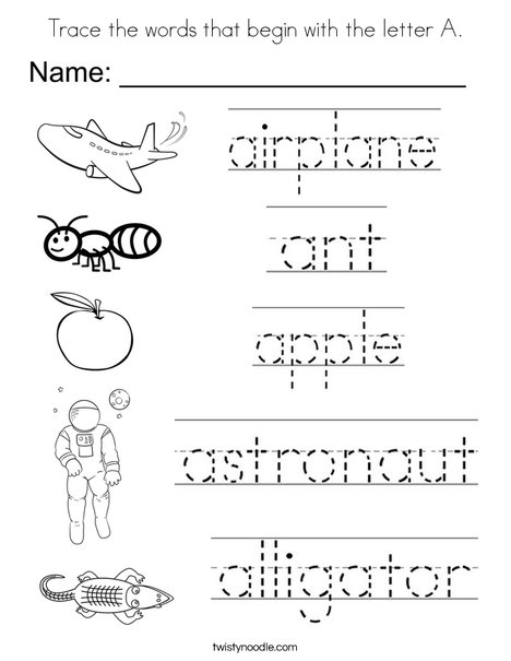 Trace the A words Coloring Page