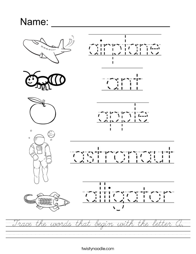 Trace the words that begin with the letter A. Worksheet