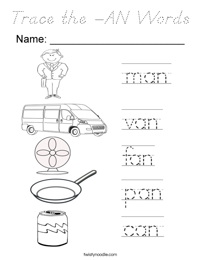 Trace the -AN Words Coloring Page