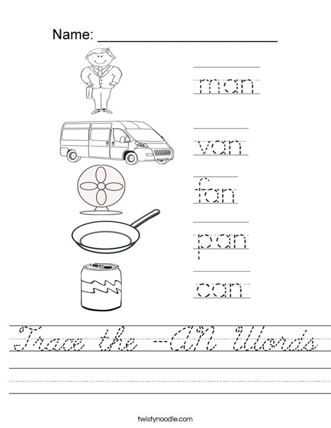 Trace the -AN Words Worksheet - Cursive - Twisty Noodle