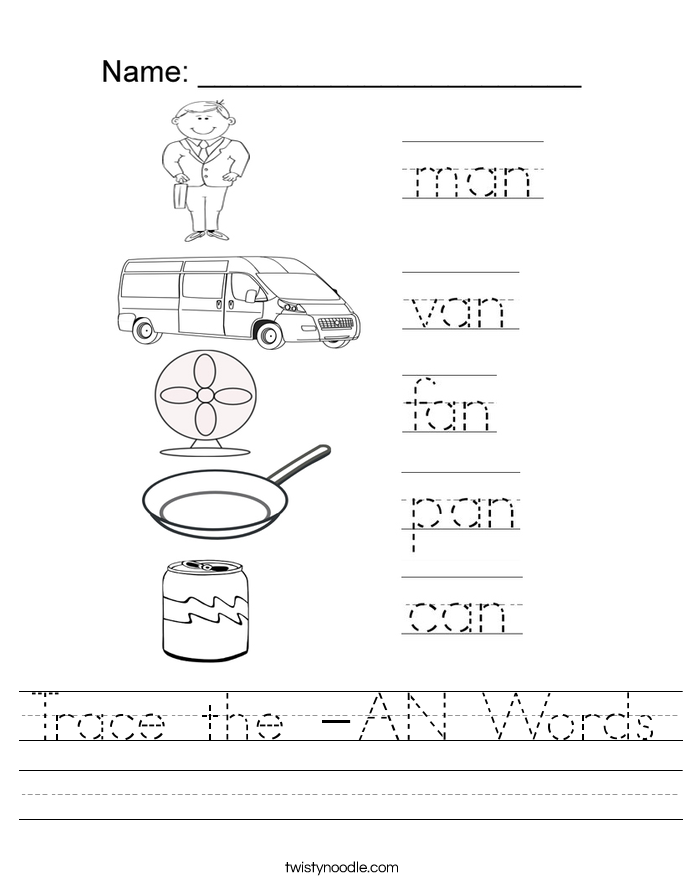trace the an words worksheet twisty noodle
