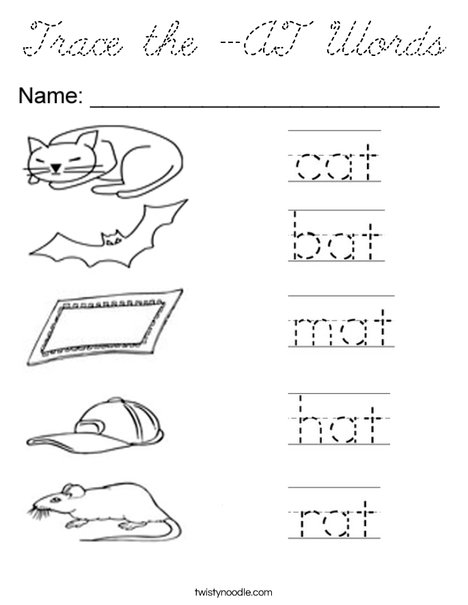Trace the -AT words Coloring Page