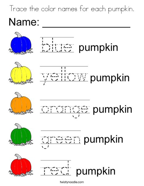 Trace the Color Names for each pumpkin Coloring Page
