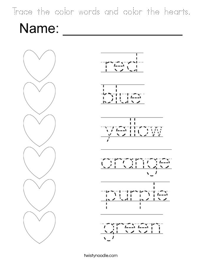 Trace the color words and color the hearts. Coloring Page