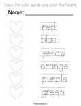 Trace the color words and color the hearts. Coloring Page