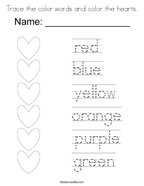 Trace the color words and color the hearts Coloring Page