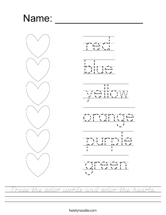 Trace the color words and color the hearts. Worksheet