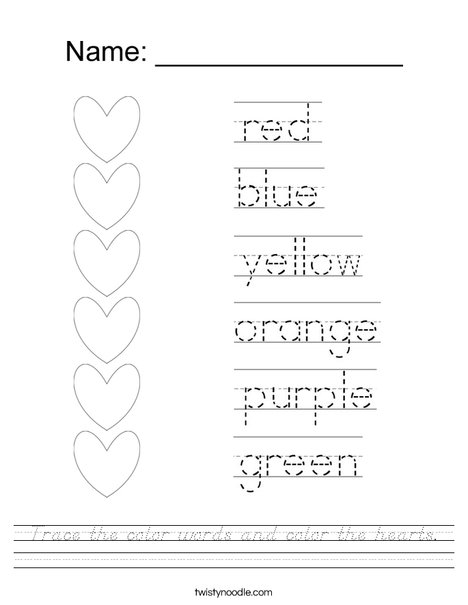 Trace the color words and color the hearts. Worksheet