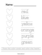 Trace the color words and color the hearts Handwriting Sheet
