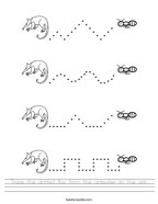 Trace the dotted line from the anteater to the ant Handwriting Sheet
