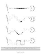 Trace the dotted line from the bat to the ball Handwriting Sheet