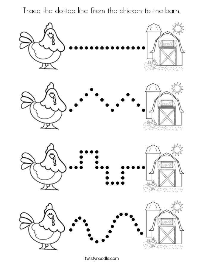 Trace the dotted line from the chicken to the barn. Coloring Page
