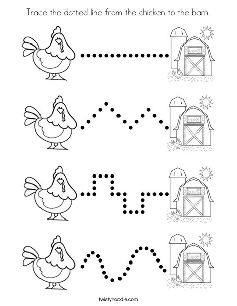 Trace the dotted line from the chicken to the barn. Coloring Page