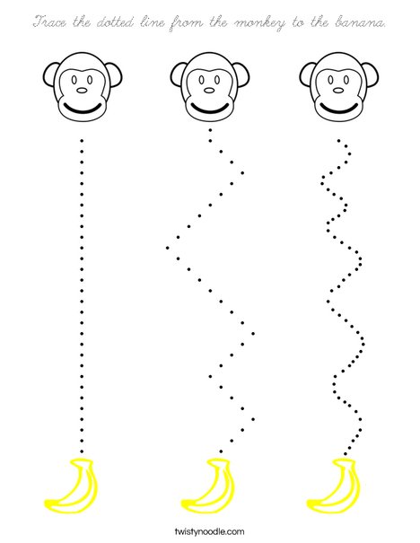 Trace the dotted line from the monkey to the banana. Coloring Page