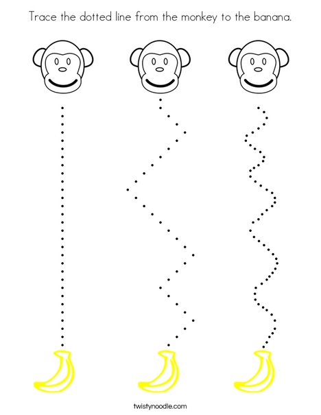 Trace the dotted line from the monkey to the banana. Coloring Page