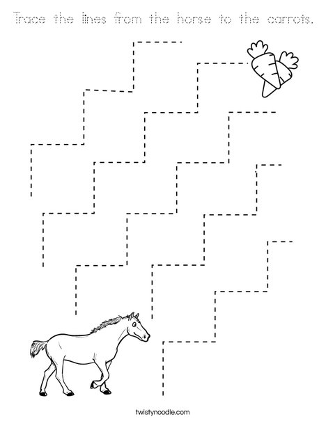 Trace the lines from the horse to the carrots. Coloring Page