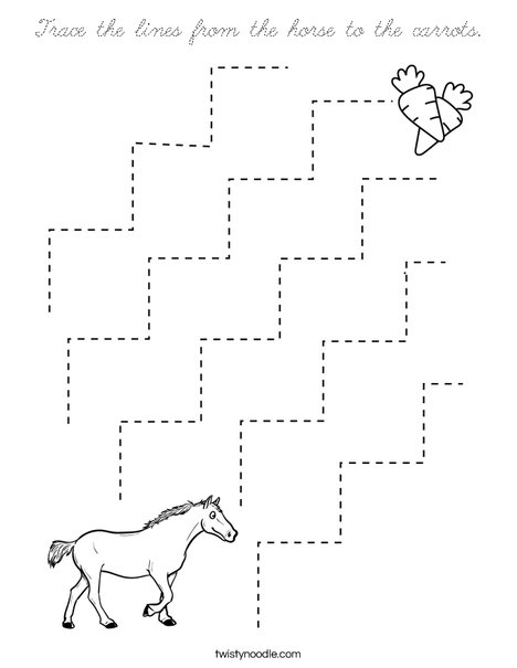 Trace the lines from the horse to the carrots. Coloring Page