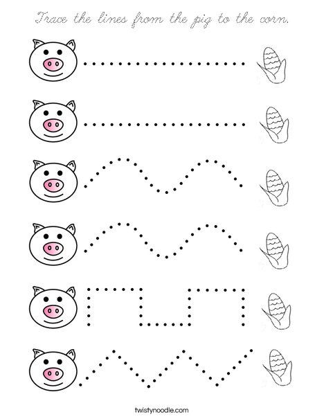 Trace the lines from the pig to the corn. Coloring Page