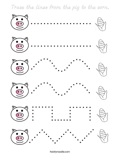 Trace the lines from the pig to the corn. Coloring Page