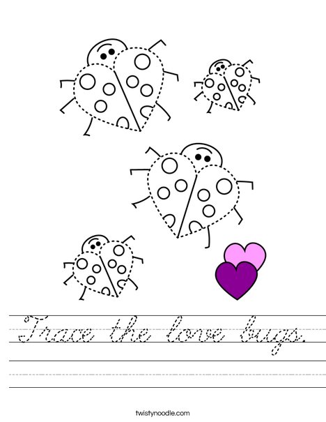 Trace the love bugs. Worksheet