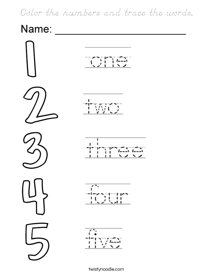 Color the numbers and trace the words. Coloring Page
