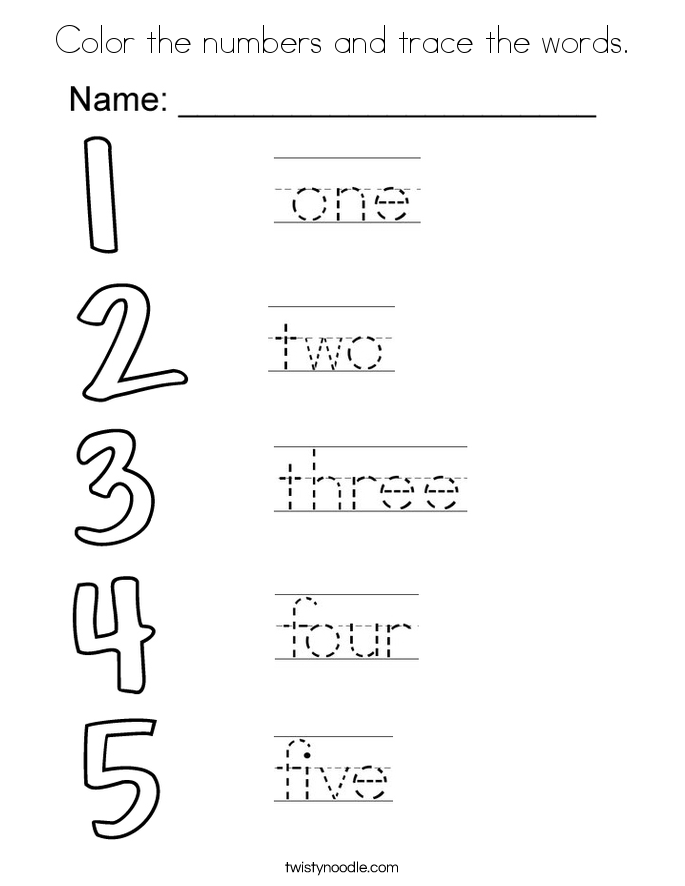 Color the numbers and trace the words. Coloring Page
