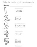 Color the numbers and trace the words Coloring Page