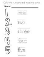 Color the numbers and trace the words Coloring Page