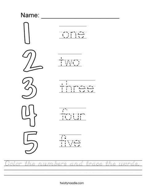 Color the numbers and trace the words Worksheet - D'Nealian - Twisty Noodle