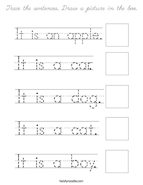 Trace the sentences Draw a picture in the box Coloring Page - Cursive