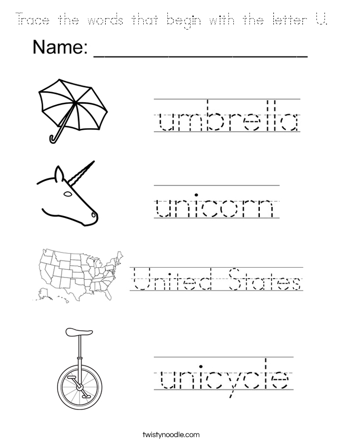 Trace the words that begin with the letter U. Coloring Page