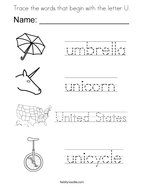 Trace the words that begin with the letter U Coloring Page