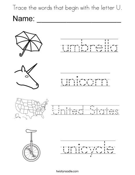 Trace the U Words Coloring Page