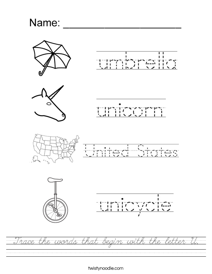 Trace the words that begin with the letter U. Worksheet