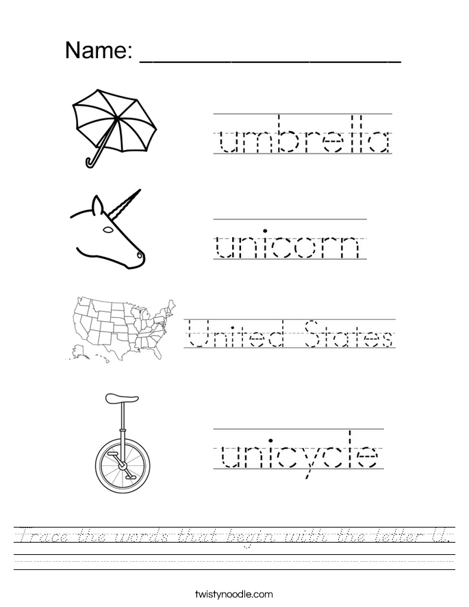 Trace the words that begin with the letter U. Worksheet