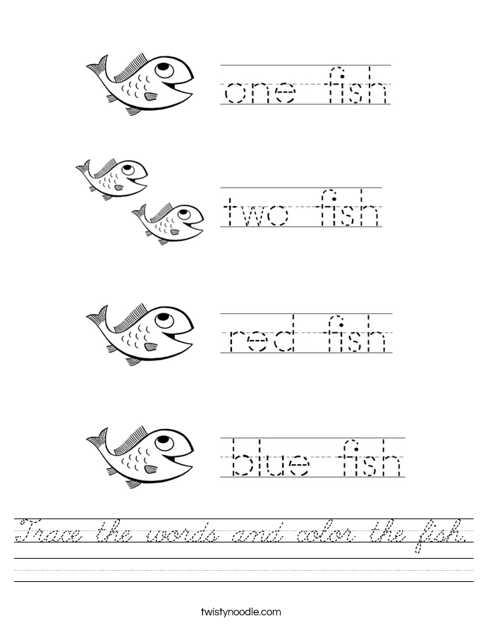 Trace the words and color the fish. Worksheet