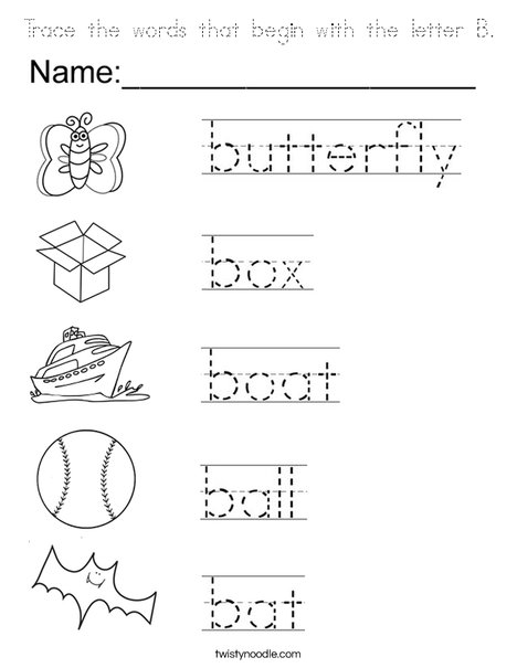 Trace the words that begin with the letter B. Coloring Page