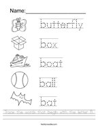 Trace the words that begin with the letter B Handwriting Sheet