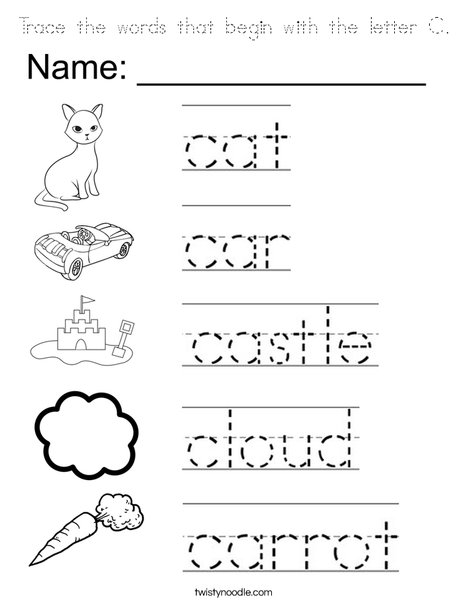 Trace the words that begin with the letter C. Coloring Page