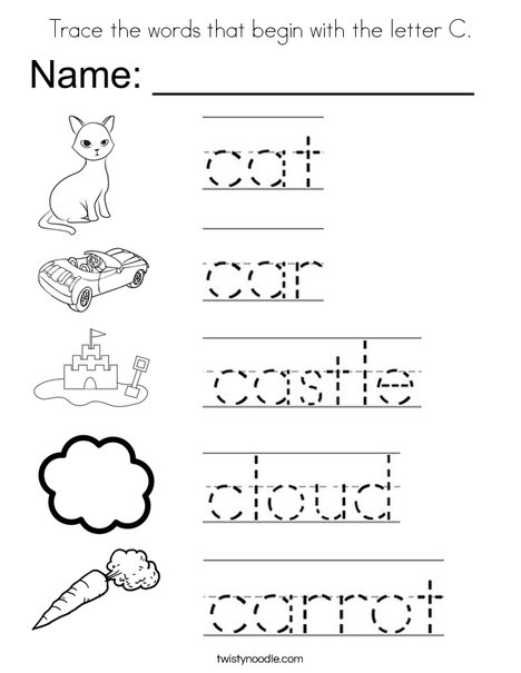 Trace the words that begin with the letter C. Coloring Page