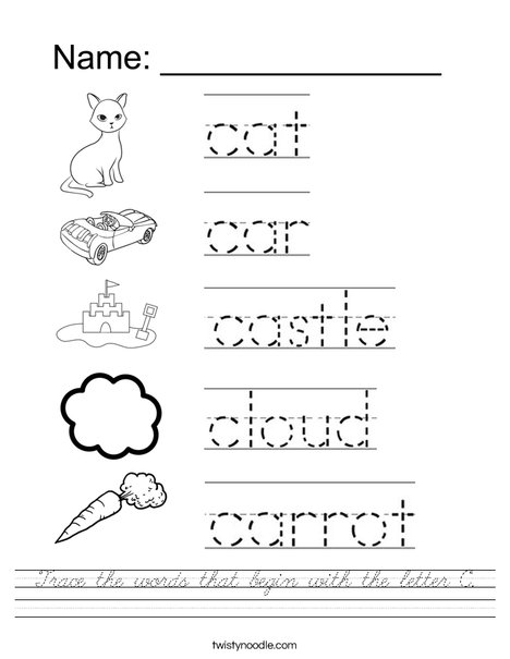Trace the words that begin with the letter C. Worksheet