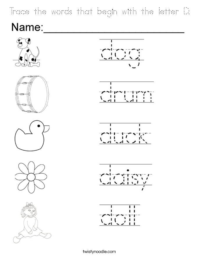 Trace the words that begin with the letter D Coloring Page - Tracing ...
