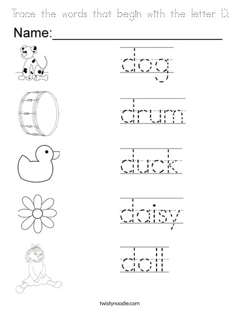 Trace the words that begin with the letter D Coloring Page