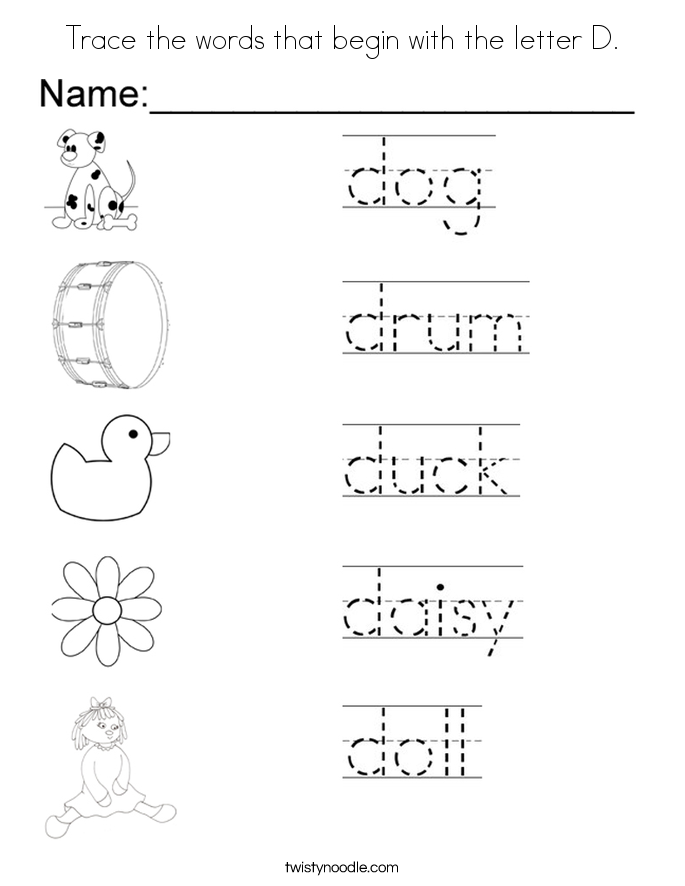 Trace the words that begin with the letter D. Coloring Page